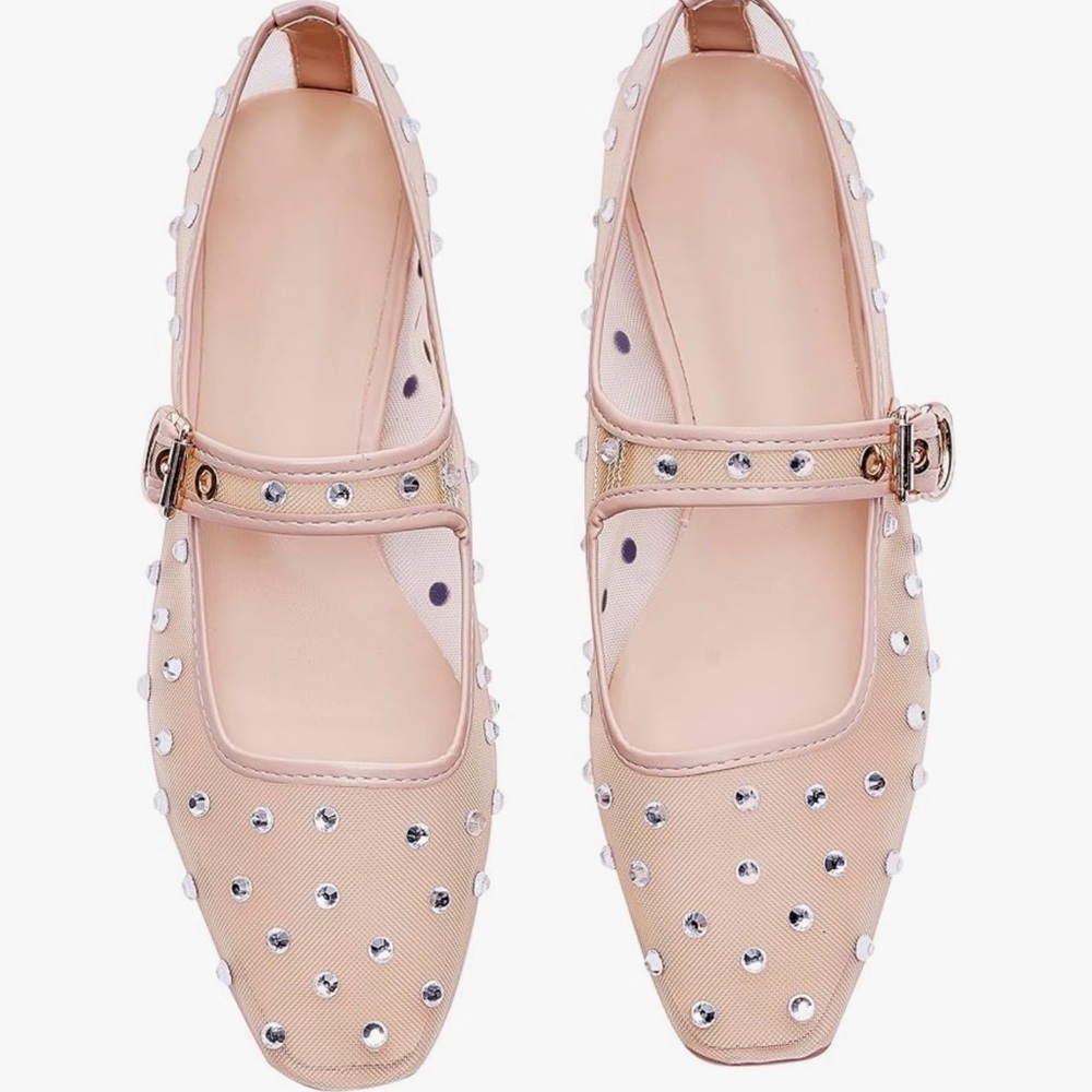 Amazon Studded Mesh Mary Jane Flats in Blush
